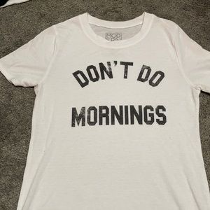 White graphic tee with black lettering